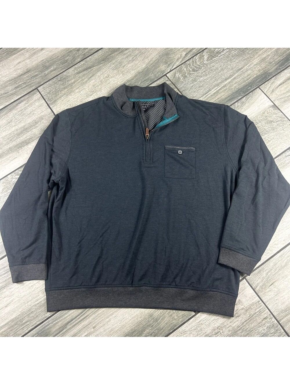 Pebble Beach Men’s Charcoal Gray Quarter Zip Pullover Sweater Teal Accent Pocket